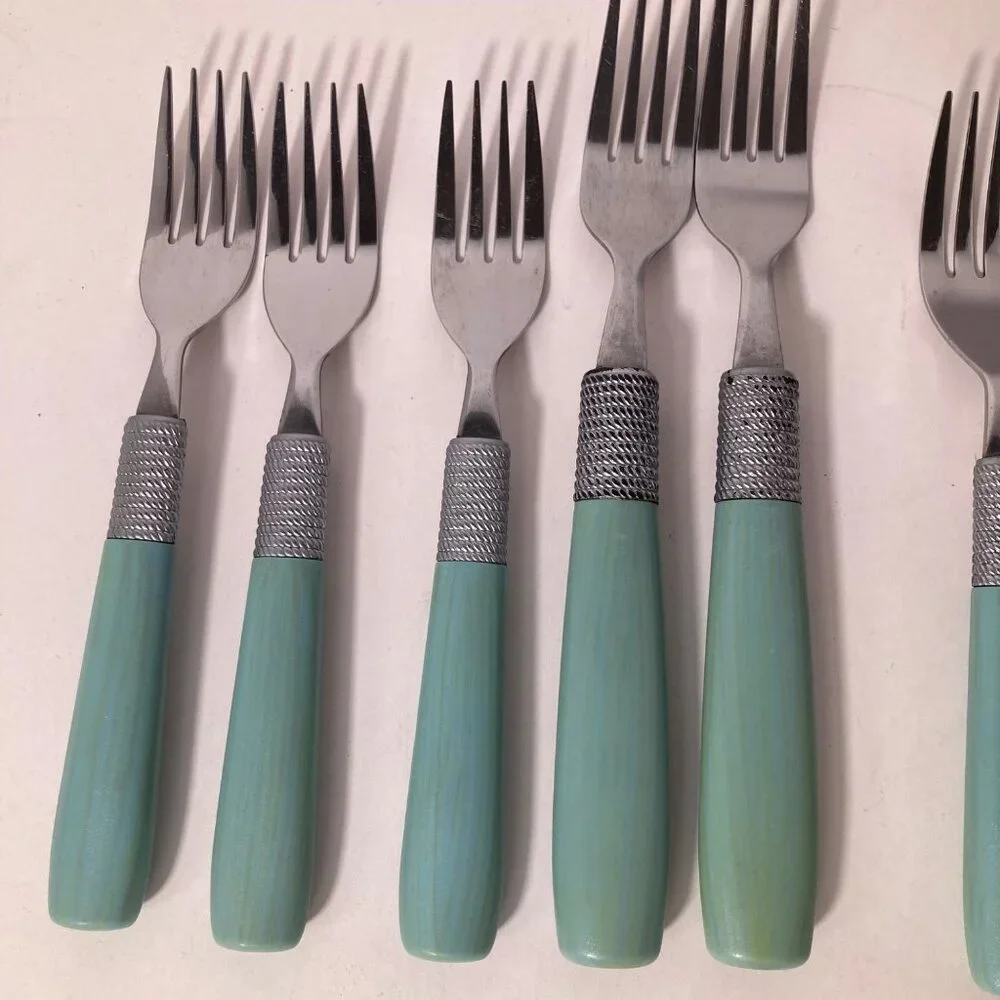 7‎ - Vintage Cambridge Forks Green Stainless Flatware Plastic Handle 7 or 8